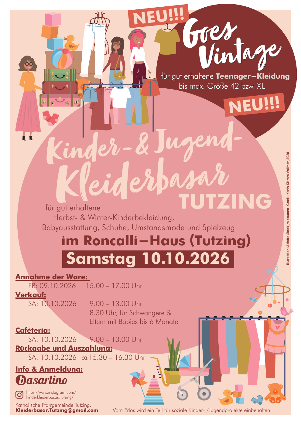 Aktuelles Plakat zum Kinder- und Jugend-Kleiderbasar am 10. Oktober 2026 mit allen Zeiten und Kontaktdaten